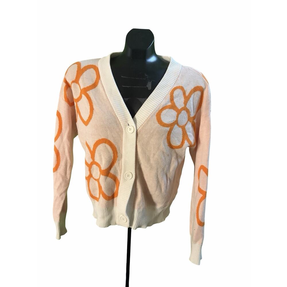 Nikkak Peach & Orange Floral Cardigan Sweater – Soft Knit V-Neck (Size M)